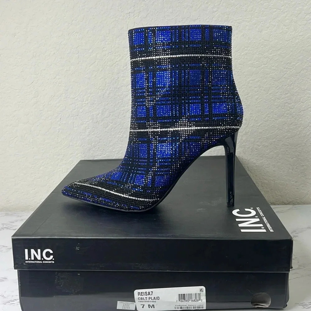 INC-  Blue Plaid Rhinestone Reisa Pointed Toe Stiletto Dress Booties - Picture 3 of 11